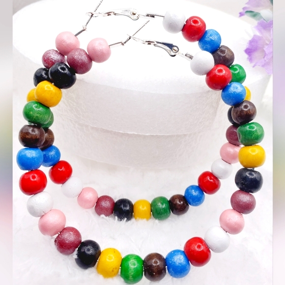 Wooden Hoop Earrings, Multicolor Large Hoop Earrings 2.7 Inch - Picture 5 of 5